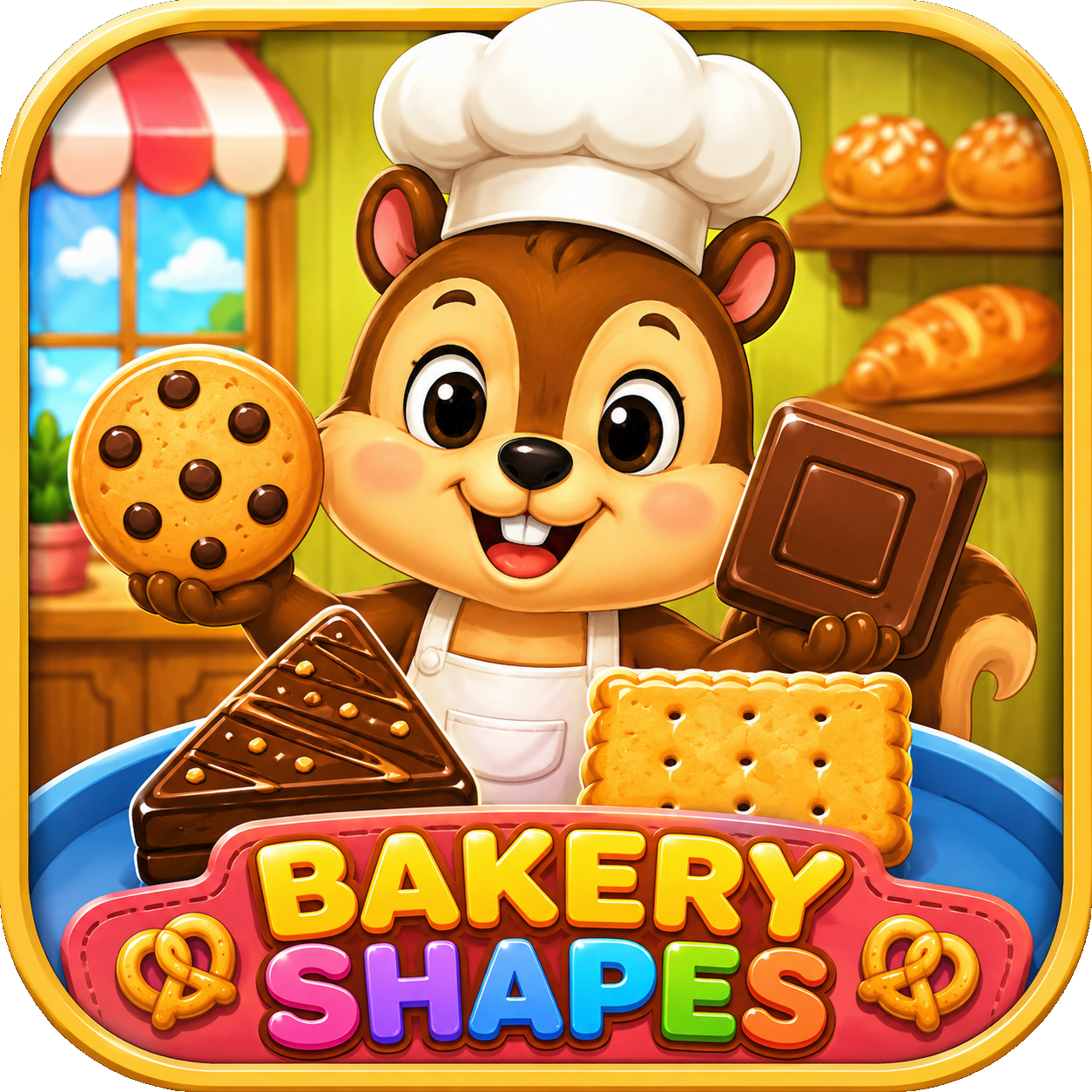 Bakery Shapes game icon featuring Shoomi and shape cookies
